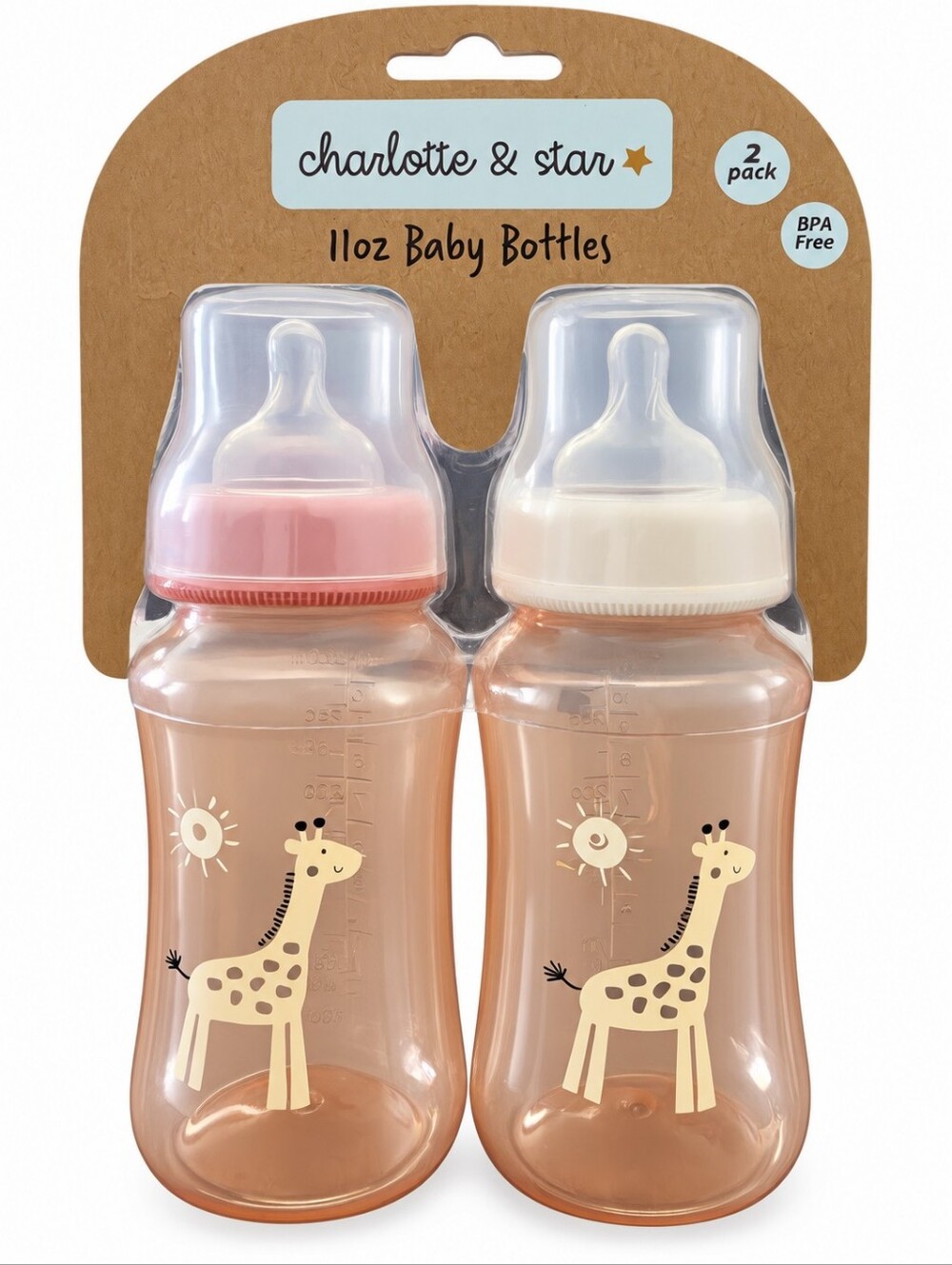 Charlotte & Star Pink Giraffe Baby Bottles 2-Pack 11 Oz Size New In Package